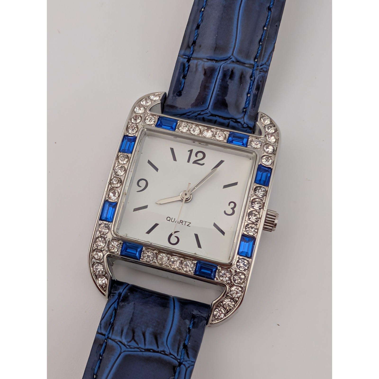 Women's Quartz Watch 26mm Case Blue Gemmed Croc Band- New Battery